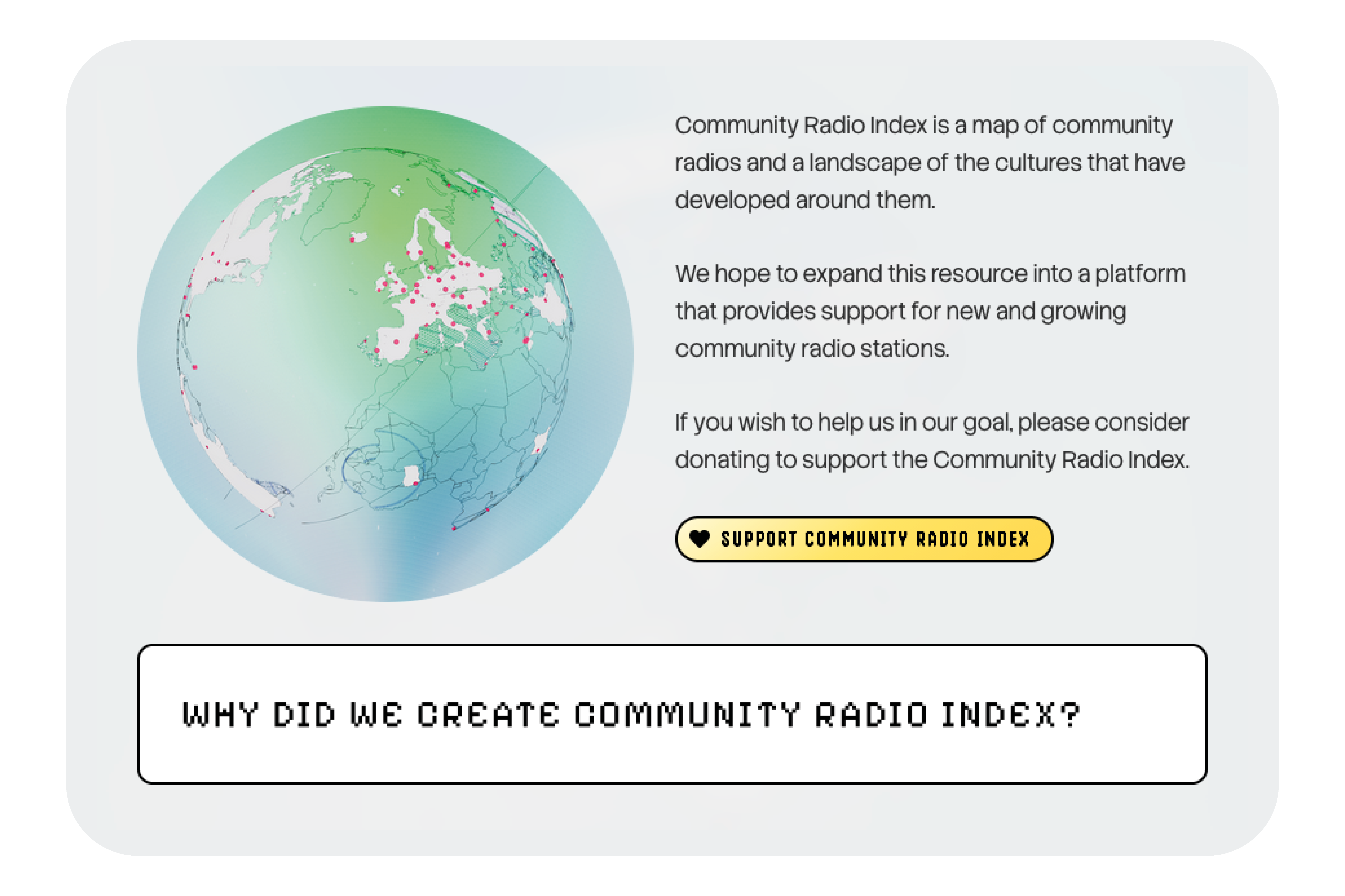 A screenshot of the about page of the website of Community Radio Index. It shows an image of a globe, text about Community Radio Index and how to support them.